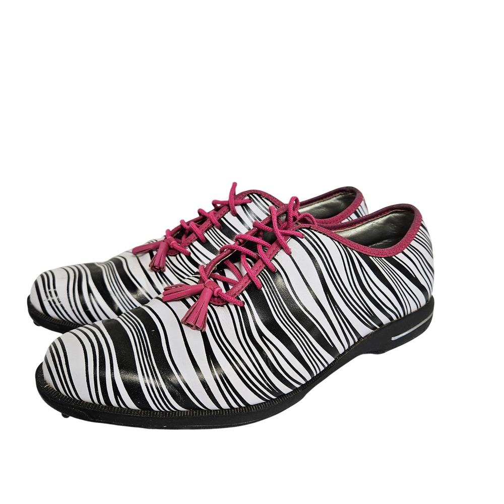 FootJoy Golf Shoes Womens 9.5 Black White Zebra Tailored Collection Pink Tassel